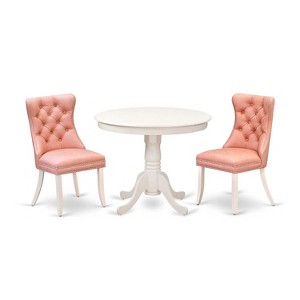 3-Piece Linen White Finish Solid Wood Top - Round Upholstered Dining Room Set - (Seats-4) - 1 of 4