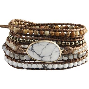 Women's Wrap Bracelet with Natural Jasper Crystal Stone Beads, Bohemian Leather Strand Bracelet - 1 of 4