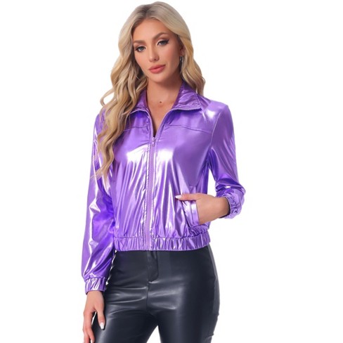 INSPIRE CHIC Women's Holographic Shiny Long Sleeve Metallic Zip Front Track Jacket - image 1 of 4