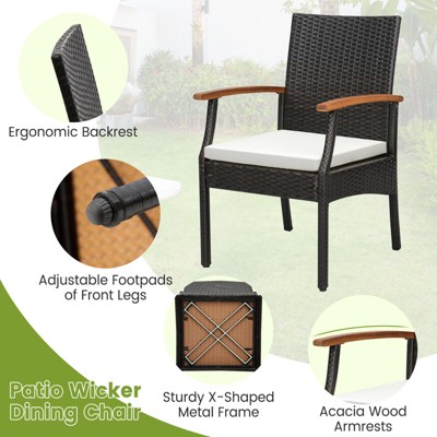 Set of 4 Brown Wicker Dining Chairs with White Cushions