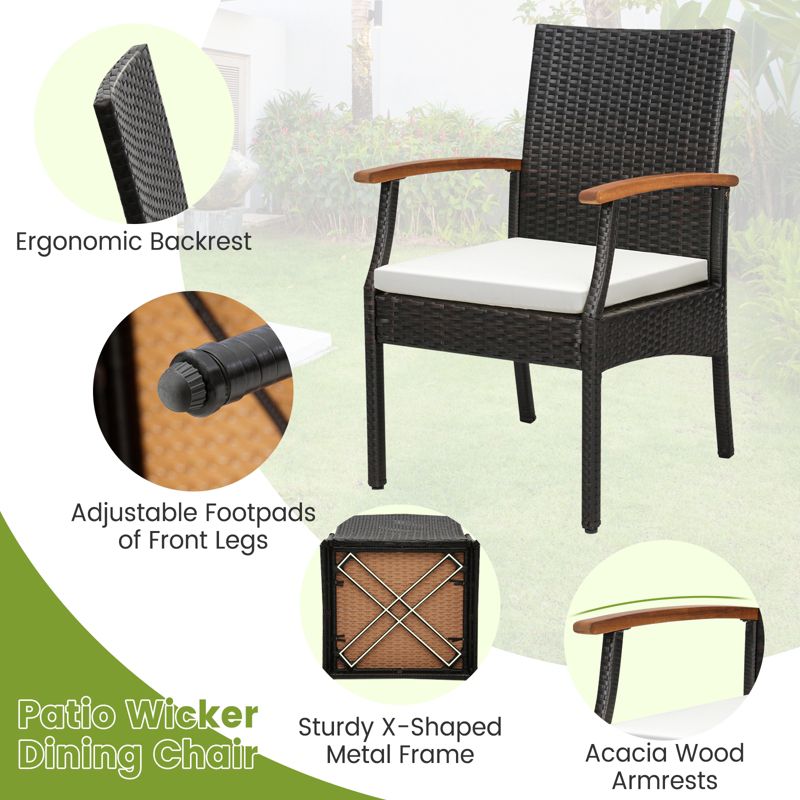 Tangkula Set of 4 PE Wicker Chairs Acacia Wood Armrests w/ White Soft Zippered Cushion Patio, 3 of 5