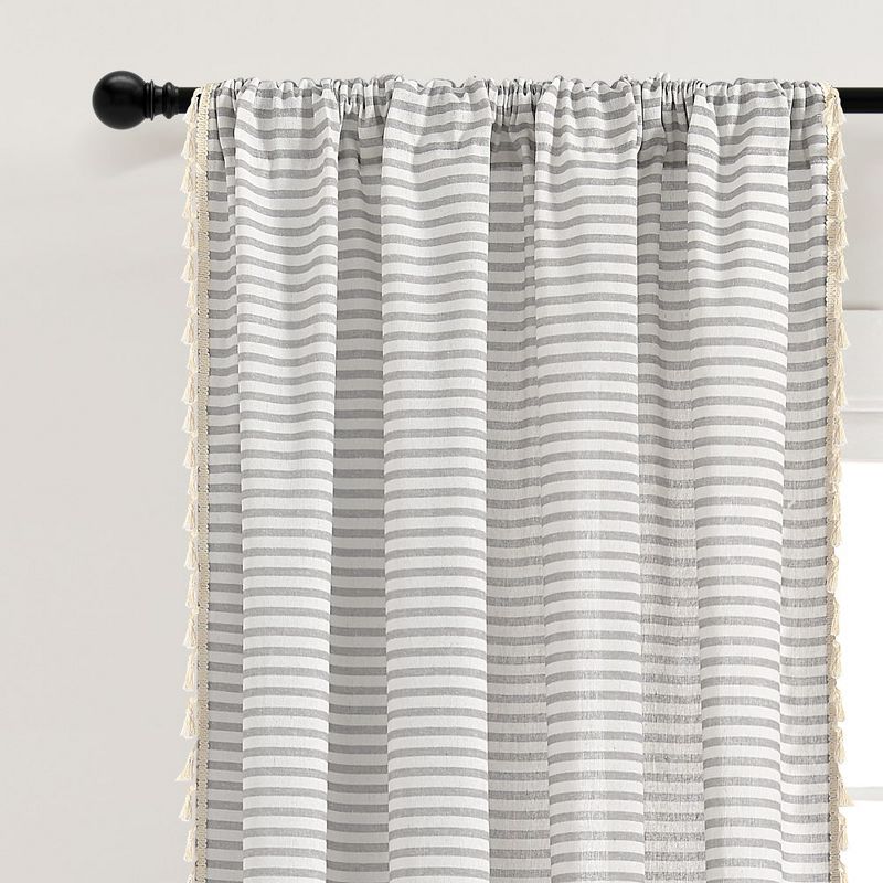 Boho Coastal Horizontal Ticking Stripe Tassel Window Curtain Panels Gray 52X84 Set, 2 of 6