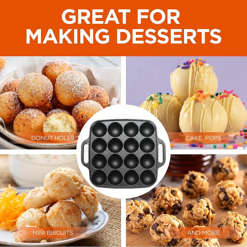 COMMERCIAL CHEF Cast Iron Cookware Aebleskiver Pan with 16 Cake Pop Mold Openings, 4 of 8