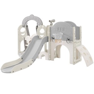 Toddler Slide and Swing Set 7 in 1, Kids Playground Climber Slide Playset with Basketball Hoop,Tunnel for Babies Indoor & Outdoor,grey and white - 1 of 4