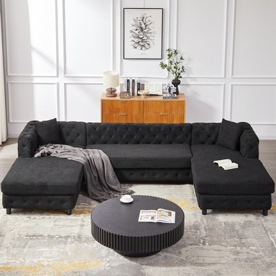 126" Modern Chenille U-Shaped Sectional Sofa with Two Chaise Lounges, Pull-Point Design, 2 Pillows, for Living Room & Bedroom