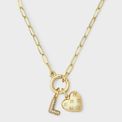 14K Gold Dipped Cubic Zirconia Puffy Heart Charm Initial Necklace - A New Day™ Gold