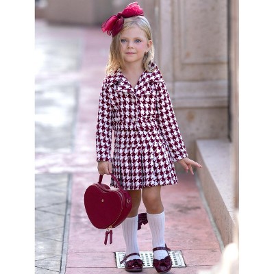 Burgundy Houndstooth Blazer and Pleated Skirt Set Mia Belle Girls