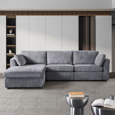 113"Modern Sectional Couches For Sale,Gray 3 Seater Recliner Sofa,Modular Sofa With Recliner,Chenille Knock Down Sofa Couch,Lounge Sofa-Cuddlewood