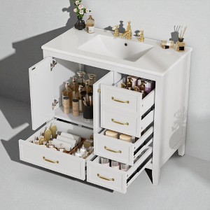36" Bathroom Vanity with Sink,Bathroom Cabinet,Ceramic Basin with 8" Faucet Holes,Multi-Tier Storage Drawers,Freestanding Vanity - 1 of 4