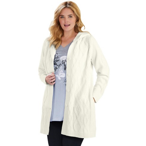 Woman Within Women s Plus Size Hooded Cable Cardigan L Ivory Target