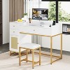 Hooseng White Makeup Vanity Desk with Stools, Rattan Vanity Table Set with Power Outlet with Drawers & Cabinet for Bedroom - 4 of 4