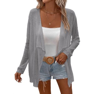 Womens Lightweight Crochet Cardigan Sweater Rib Knit Open Front Mesh Cardigan Sweater Coats - 1 of 4