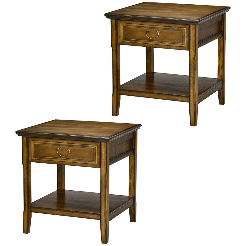 HOMCOM Vintage Side Table for Living Room or Bedroom Storage End Table with Antique Handle Drawer & Shelf, Wooden Side Table, Set of 2, Dark Coffee, 4 of 7
