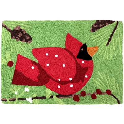 Jellybean Bright Cardinal in Pine Tree Doormat – 20"x30" Washable Indoor/Outdoor Accent Mat with Winter Charm