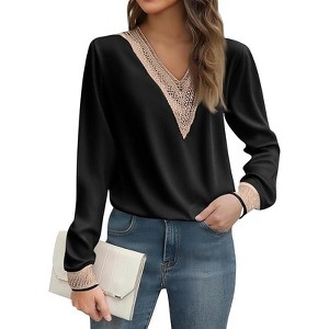 Coolmee Women's Casual Long Sleeve Shirts Lace V Neck Color Block Dressy Tops Trendy Hollow Floral Blouses T Shirts - 1 of 3