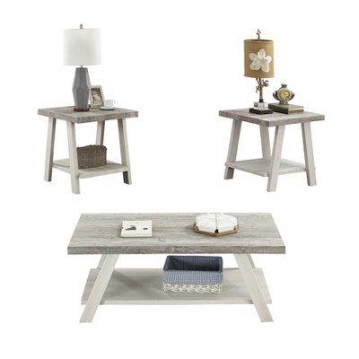 Vynxaria Series 3-Piece Weathered Gray and Beige Rectangular Wood Top End Table with Shelf Storage