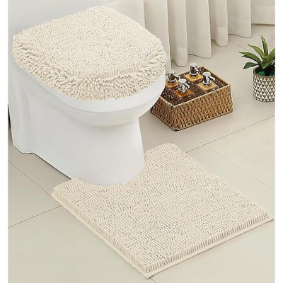 Home Mart Goods 2 Piece Set Cream Soft Cozy Plush Chenille Bath Mat Bathroom Rug & Toilet Seat Cover