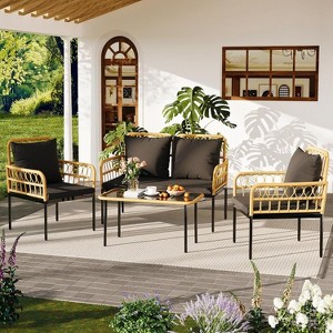 Acekool 4-Piece Outdoor Patio Set with Loveseat, Armchairs & Glass Coffee Table, Boho Rattan Conversation Set for Backyard, Porch, Balcony - 1 of 4