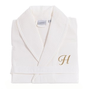 Linum Home Textiles 100% Turkish Cotton Unisex Personalized Waffle Weave White Bathrobe in Gold Script Font - 1 of 1
