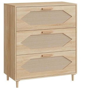 Zstar 3 Drawer Rattan Dresser for Bedroom, Rattan Modern Dresser Wood Chest of Drawers, Wooden Storage Cabinets, and Entryways - 1 of 4