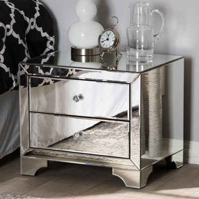 Elegant Silver Mirrored 2-Drawer Nightstand with Crystal Handles