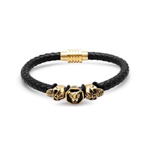 Steeltime Men's black leather braided bracelet with 18k gold plated stainless steel lion head and skull accents - 1 of 4