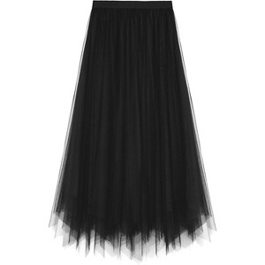 Women's 2-Layer Tulle Midi Skirt - Tiered A-Line Long Skirt with Elastic Waist for Winter Irregular Black - 1 of 4