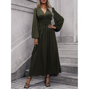 Coolmee Womens Maxi Dress Wrap V-Neck  Waist Long Lantern Sleeve Ruched Side Slit Elegant Long Dress - 1 of 4