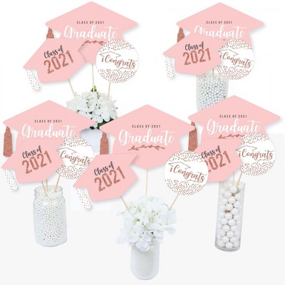 Big Dot of Happiness Rose Gold Grad - 2021 Graduation Party Centerpiece Sticks - Table Toppers - Set of 15