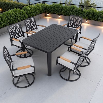 7-Piece Outdoor Patio Aluminum Dining Set with 59" Rectangular Table, 6 Swivel Rocker Chairs, and Umbrella Hole