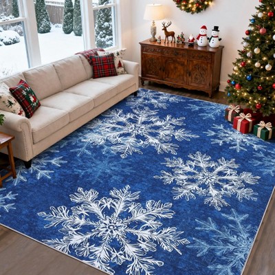 Christmas Snowflakes Printed Area Rug Washable Non Slip,Soft Indoor Carpets,Low Pile Xmas Decoration Rugs