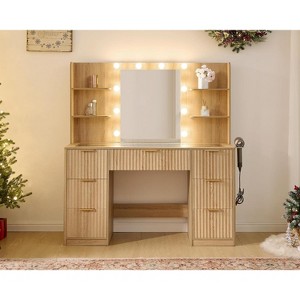 AMERLIFE Makeup Vanity Desk with Mirror & LED Lights, Drawers, Tempered Glass Top, Charging Station, Modern Bedroom Dressing Table - 1 of 4