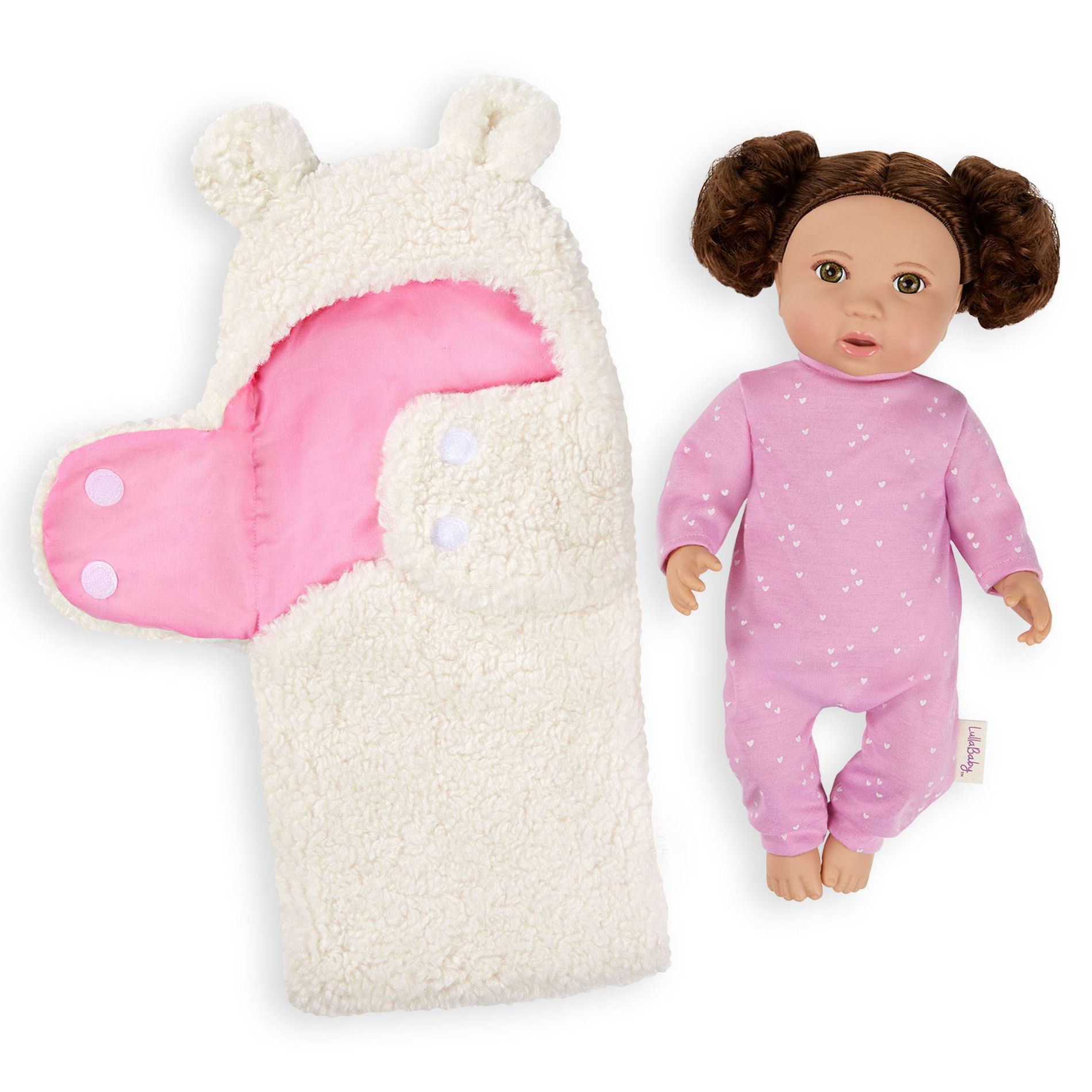 LullaBaby 14" Baby Doll with Wavy Brown Hair & Brown Eyes with Cuddler Wrap