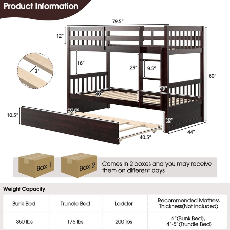 Costway Twin Over Twin Bunk Bed with Twin Trundle Solid Wood Frame Espresso/White, 3 of 11