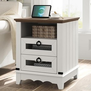 24" Farmhouse Side Table with Charging Station, 2 Drawers, Wooden Sofa Nightstand for Living Room and Bedroom - 1 of 4