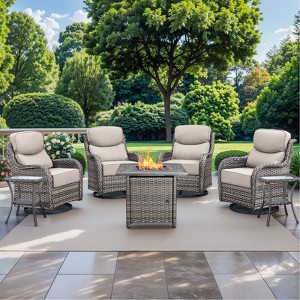Gymojoy 7 Pieces Outdoor Patio Wicker Swivel Chair with 6 Inch Cushions and Fire Pit Table - 1 of 4