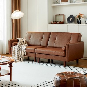 ATJafurn 86 inch Mid Century Modern Brown Leather Couch, Luxury Vintage 3-Seater Tan Sleeper Sofa Sectional Loveseat for Living Room and Office - 1 of 4