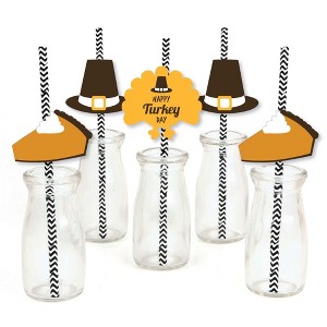 Big Dot of Happiness Happy Turkey Day Paper Straw Decor - Thanksgiving Striped Decorative Straws - Set of 24 - 1 of 4