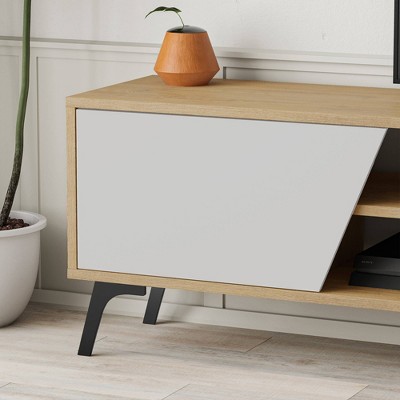 Light Oak and Black TV Stand with Storage Cabinets for 70" TVs
