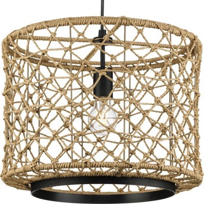Progress Lighting Chandra 1-Light Pendant, Matte Black, Handwoven Geometric Shade