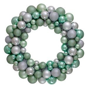Northlight 3-Finish Shatterproof Ball Christmas Wreath - 24" - Silver and Seafoam Green - Unlit - 1 of 3