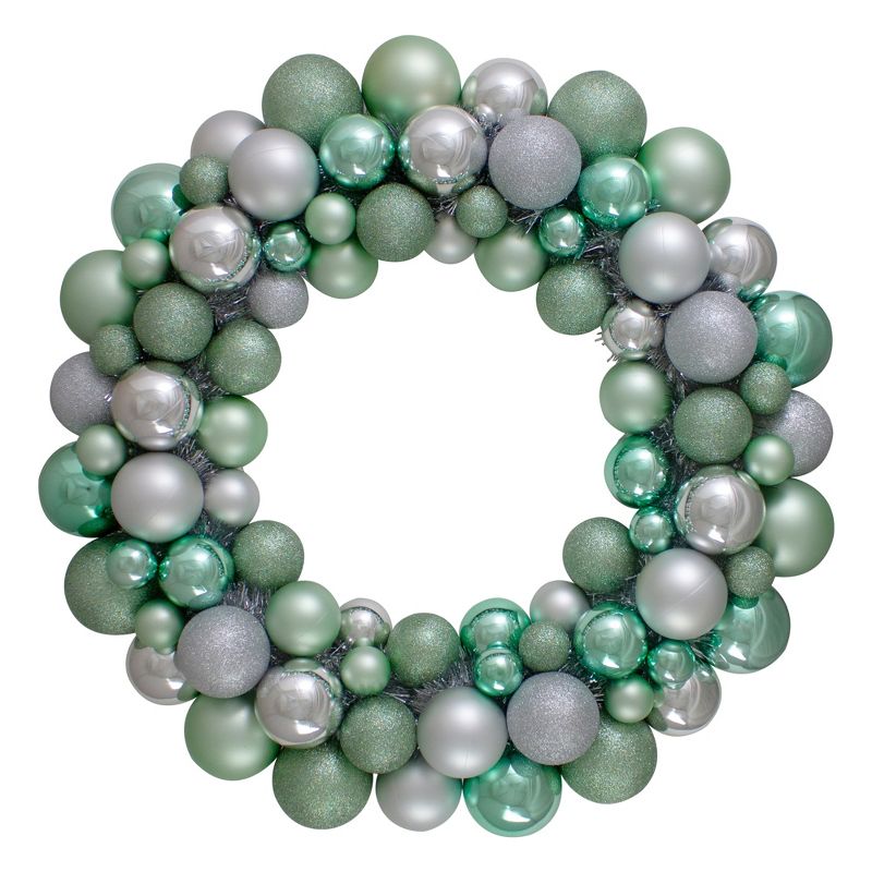 Northlight Silver and Seafoam Green 3-Finish Shatterproof Ball Christmas Wreath - 24-Inch, Unlit, 1 of 5