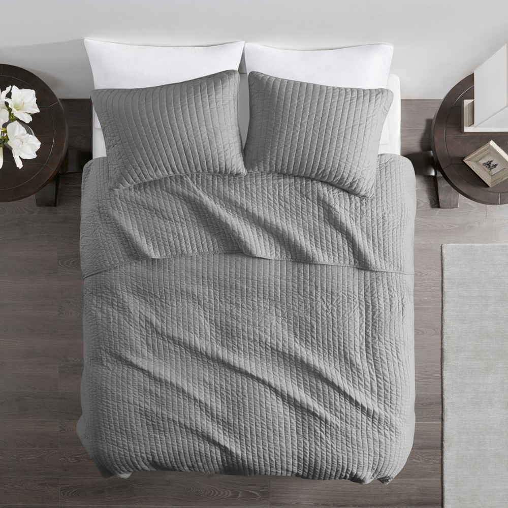 Photos - Bed Linen Madison Park 3pc Full/Queen Mitchell Reversible Coverlet Set Gray: Microfi