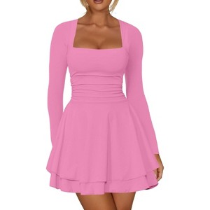 Long Sleeve Corset Mini Dress with Square Neck & Ruffle Hem, Ruched Waist Party Dress for Night Out, Cocktail, Dinner Date Pink - 1 of 4