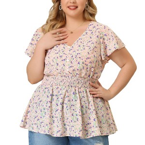 Women's Plus Size Floral Smocked Waist Flare Sleeve V Neck Peplum Blouses - Agnes Orinda - 1 of 4