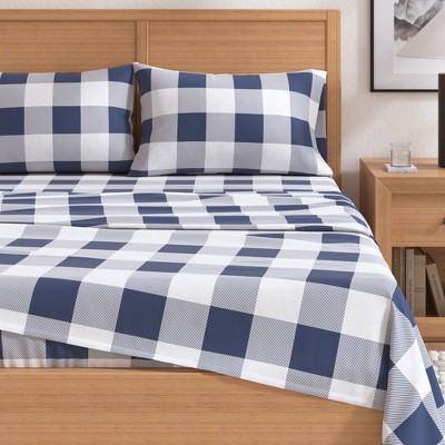 Queen Navy Buffalo Check Cotton Flannel Sheet Set