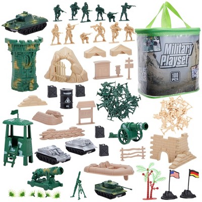 Juvale 100-Piece Military Soldier Army Toys for Boys, Battlefield Action Figures Accessories Playset with 2 Flags, Vehicles