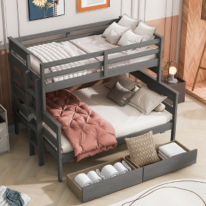 Twin over Full Wood Bunk Bed Frame with Drawers/ Twin Size Trundle Bed 4W -ModernLuxe - 1 of 4