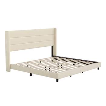 Emma and Oliver Modern Channel Stitched Upholstered Platform Bed with Wingback Headboard and Wooden Support Slats; No Box Spring Needed