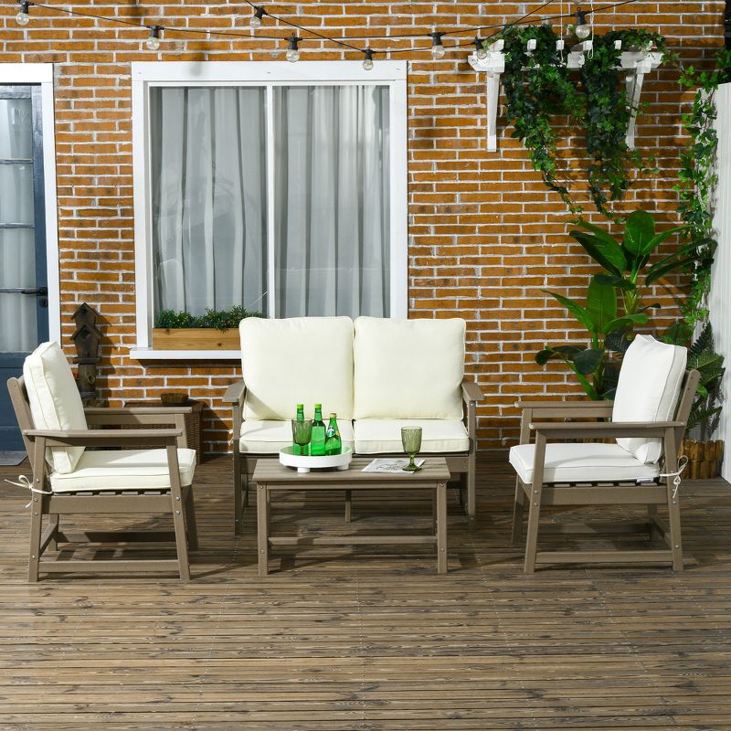 Outsunny 4 Piece Patio Furniture Set with Cushion, HDPE Conversation Sofa Set, Cream White, 2 of 7